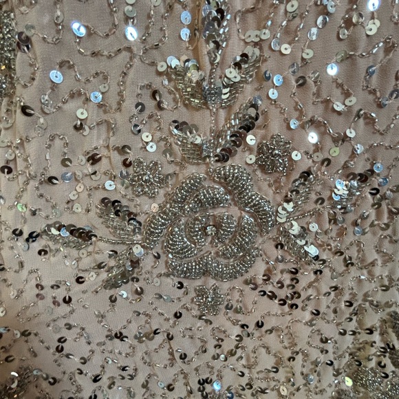 10769 Mac Duggal Nude Silver Sequin Gown Dress Beaded Flowers On Bottom Size 2 - Picture 9 of 11